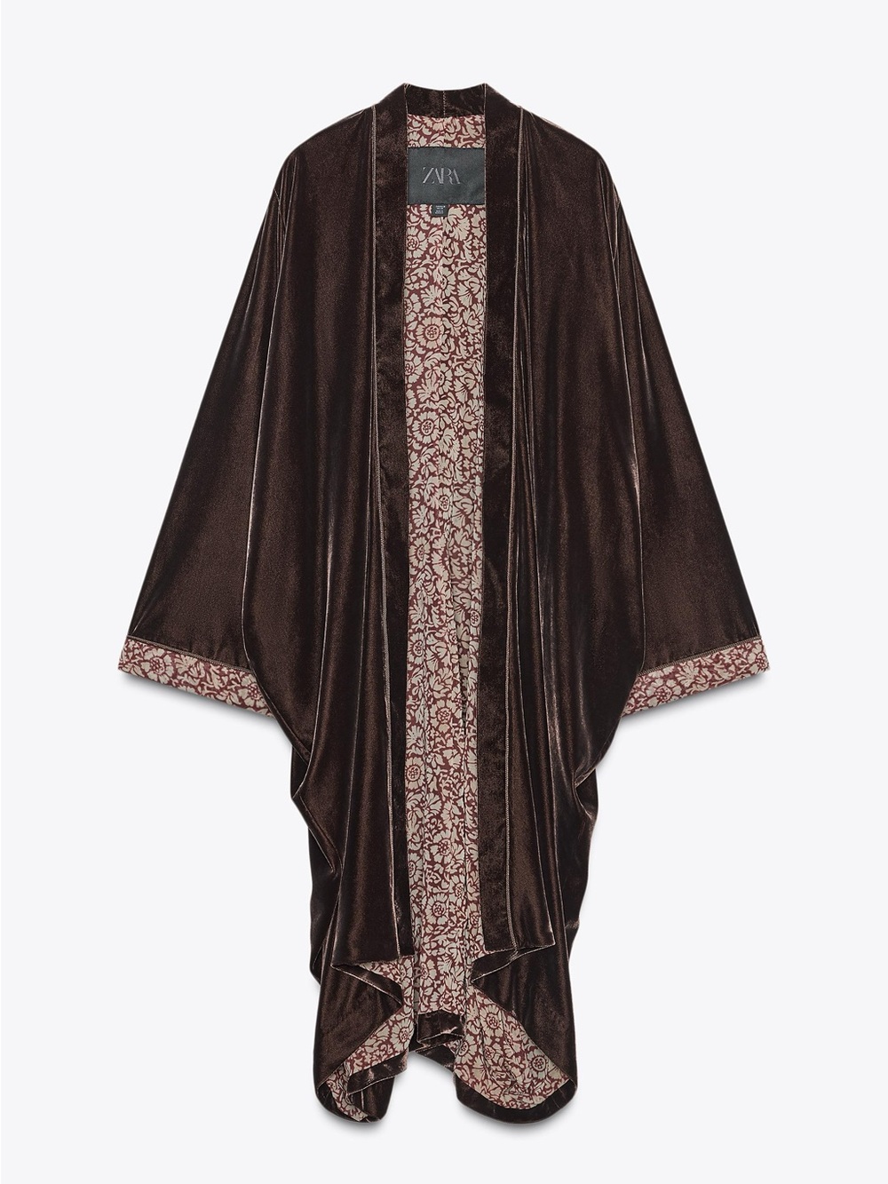 Zara Brown Velvet Kimono Robe with Cream Floral Lining